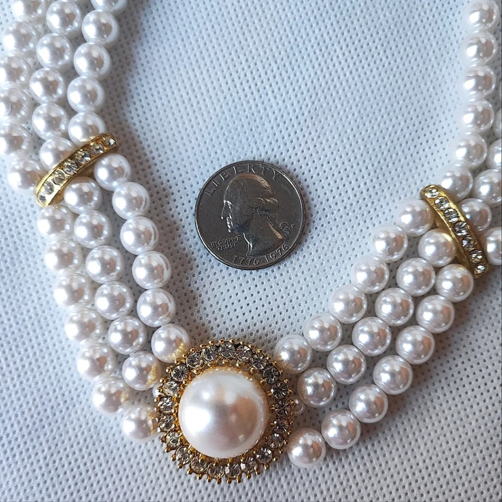 Three 3 Strand Faux Pearl Gold Tone Collar Bib Necklace Clear Rhinestones EUC